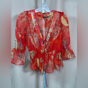 Red Sheer Animal Print Ruffled Shmocking Blouse P2P 17-18”